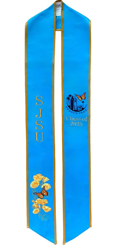 graduation stole blue with embroidered gold trim